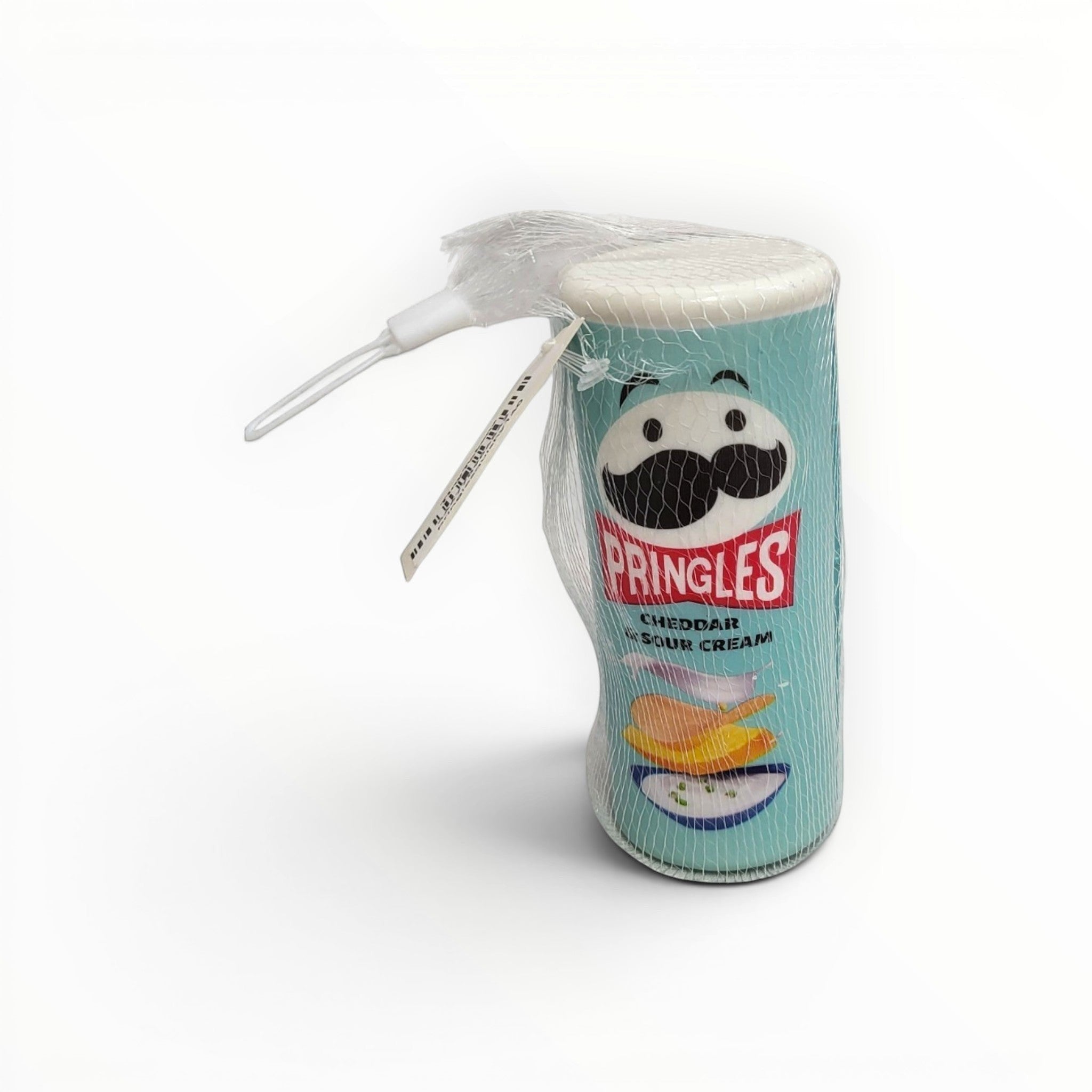 Tiny Tokens Pringles Cheddar & Sour Cream squishy toy, a light blue rubber can with iconic branding, in mesh packaging.