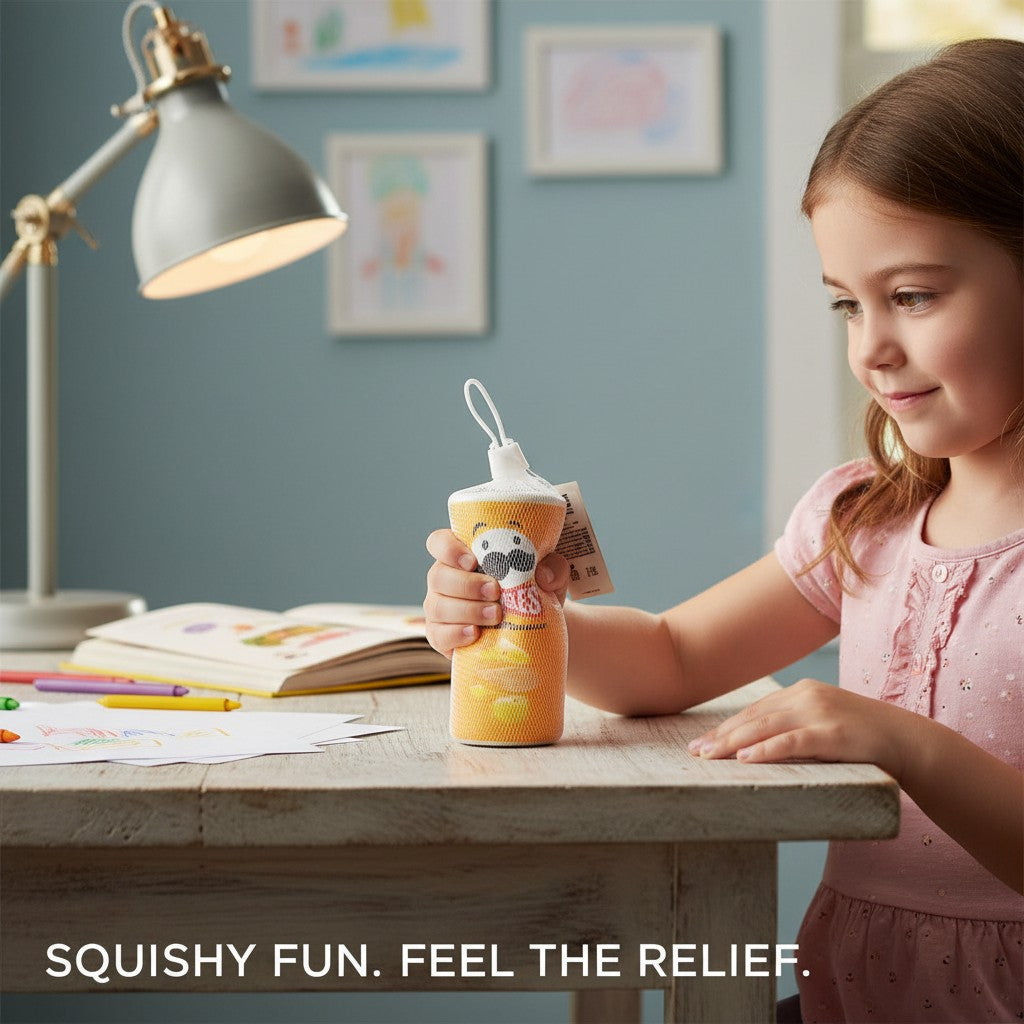 Tiny Tokens Pringles Cheese Flavour squishy stress toy, a soft rubber novelty fidget toy shaped like a Pringles can.