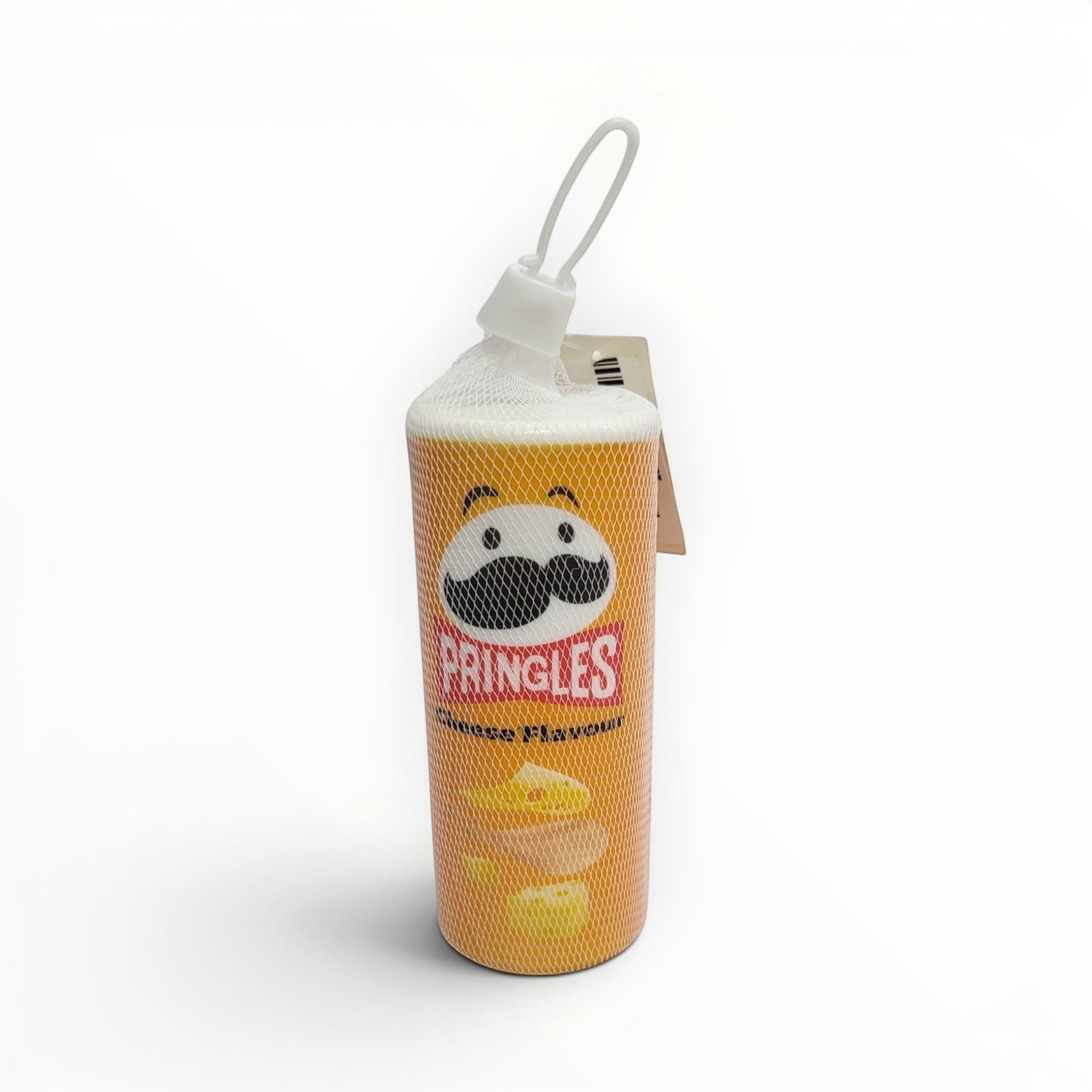 Tiny Tokens Pringles Cheese Flavour squishy toy, a soft rubber novelty fidget toy shaped like a Pringles can, in mesh packaging.