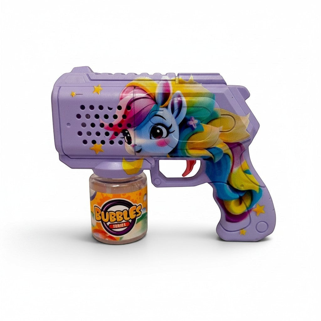 Tiny Tokens purple automatic bubble gun with cartoon unicorn design, includes bubble solution bottle.