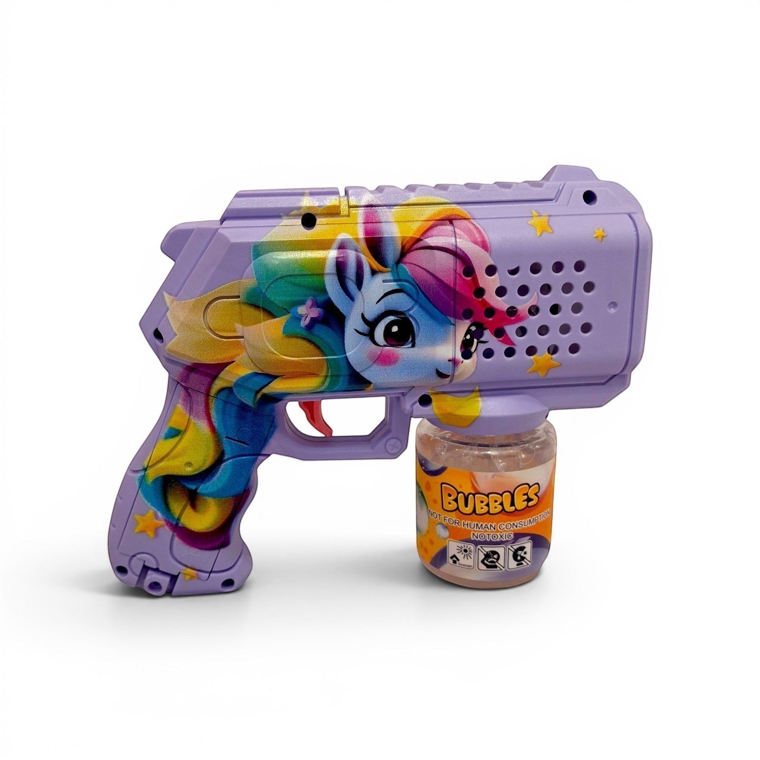 Tiny Tokens purple automatic bubble gun with a rainbow unicorn design, includes bubble solution bottle.