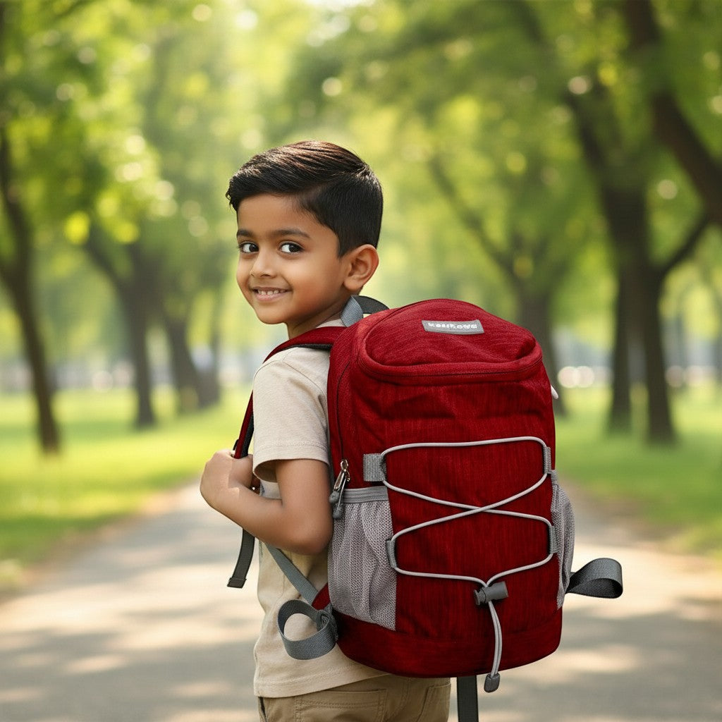 Tiny Tokens KakiKawa red polyester kids backpack with bungee cord and mesh pockets.