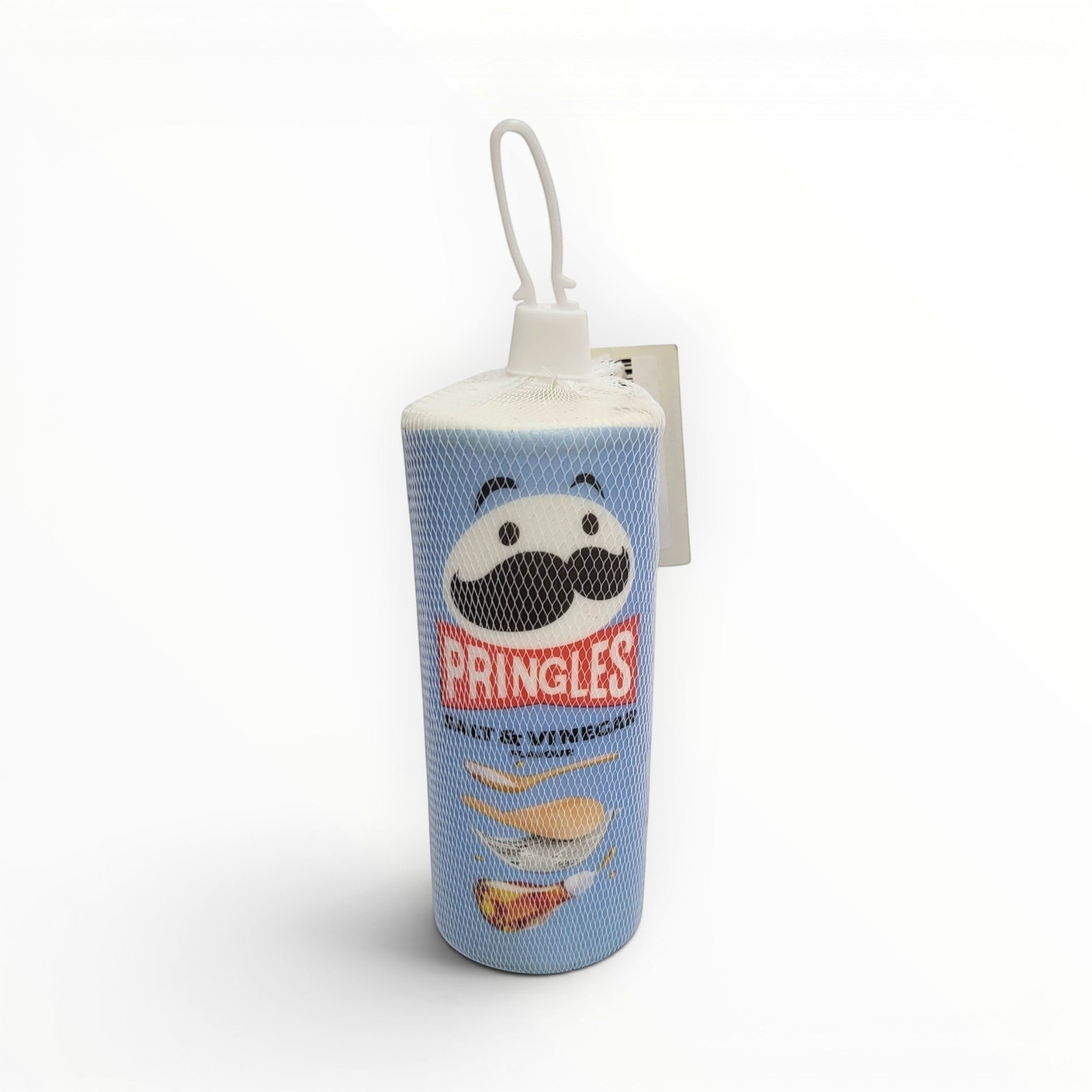 Tiny Tokens Salt & Vinegar Pringles can squishy stress toy for kids, made of soft rubber with a white lid and mesh packaging.
