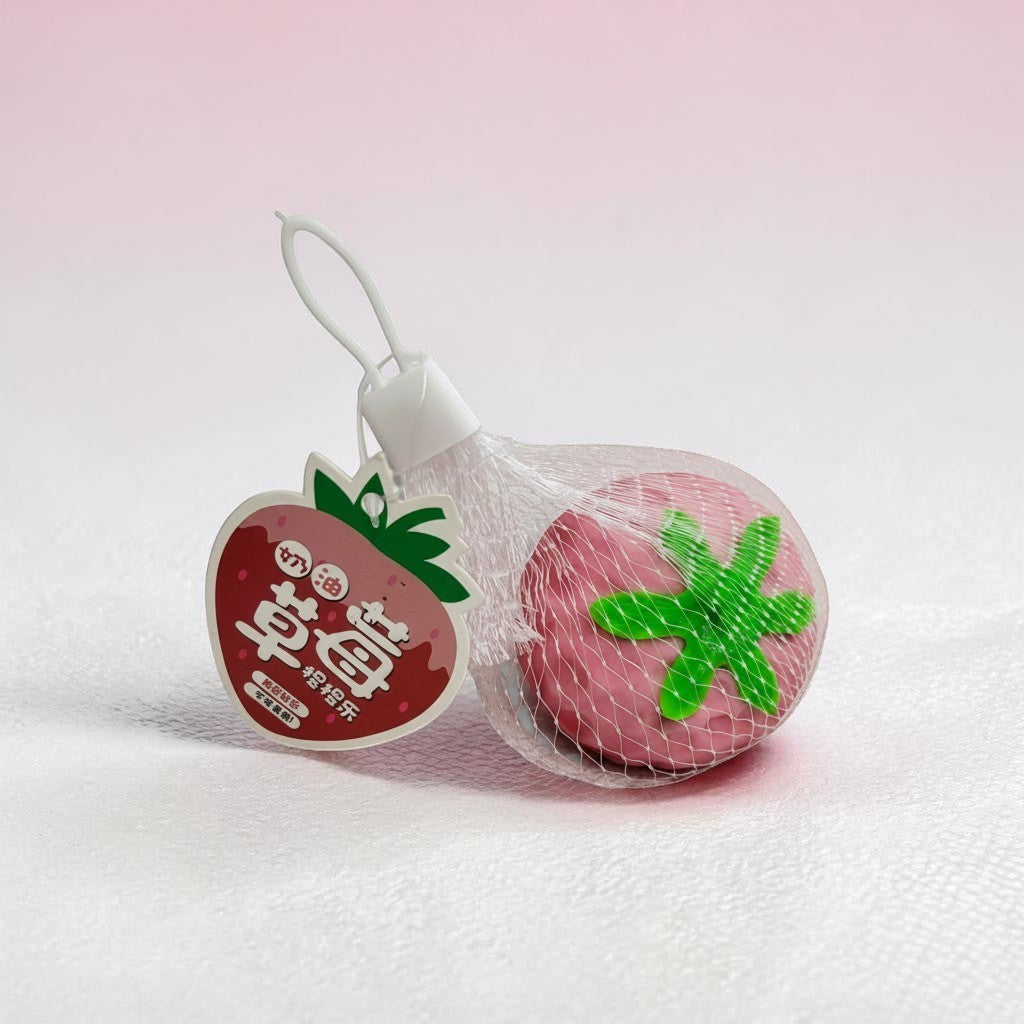 Tiny Tokens strawberry squeeze stress relief toy for kids, pink squishy sensory ball with green stem, in mesh packaging.