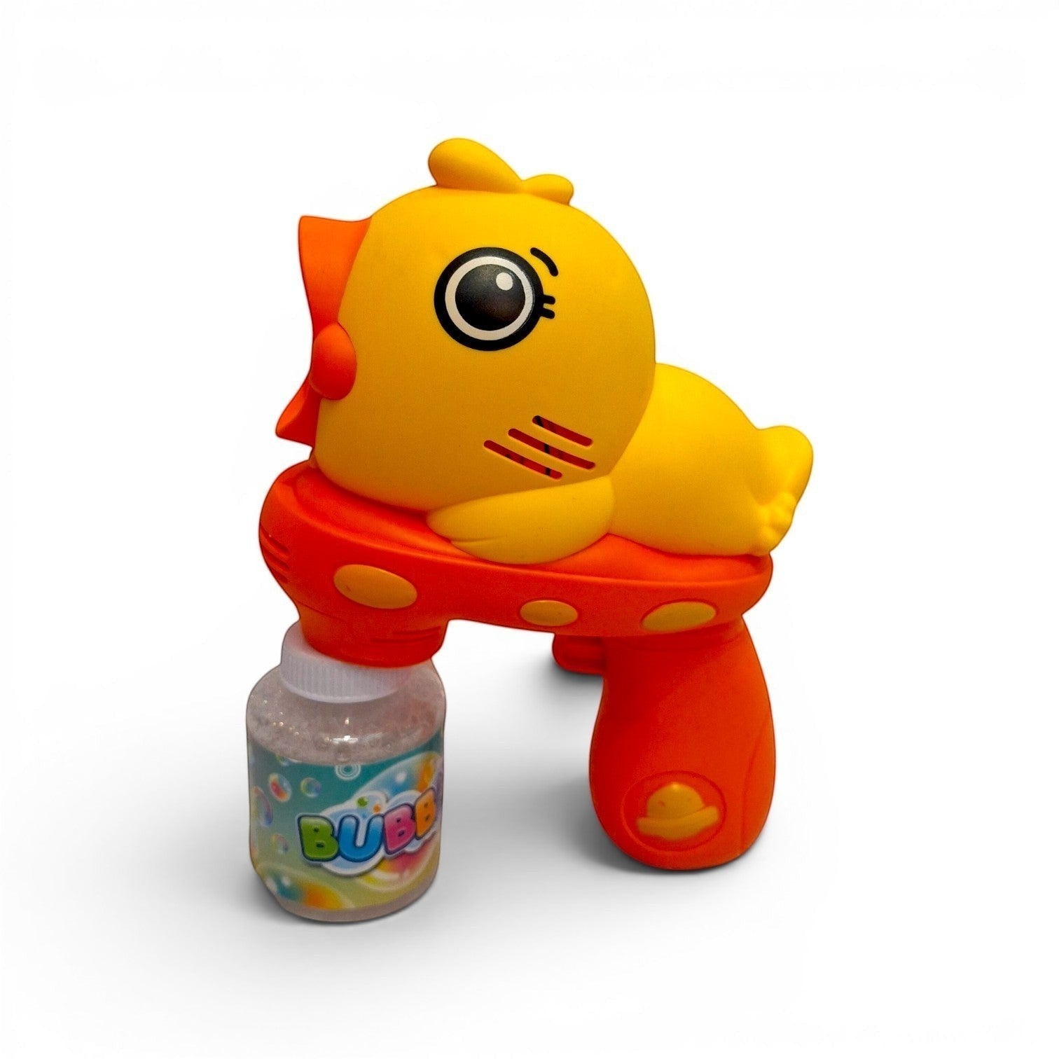 Tiny Tokens yellow duck automatic bubble gun with orange accents and bubble solution bottle.